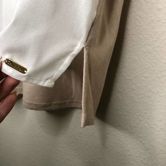 Calvin Klein Cream Tan Mixed-Media Blouse XL - Picture 4 of 9